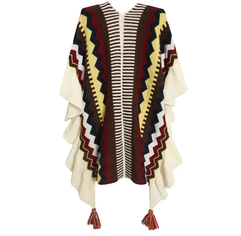 Poncho Vintage Cape Cloak Worn Bohemia Photo Capes Women National Style Tassels Thickened Warm Autumn Winter Knitted Cardigan