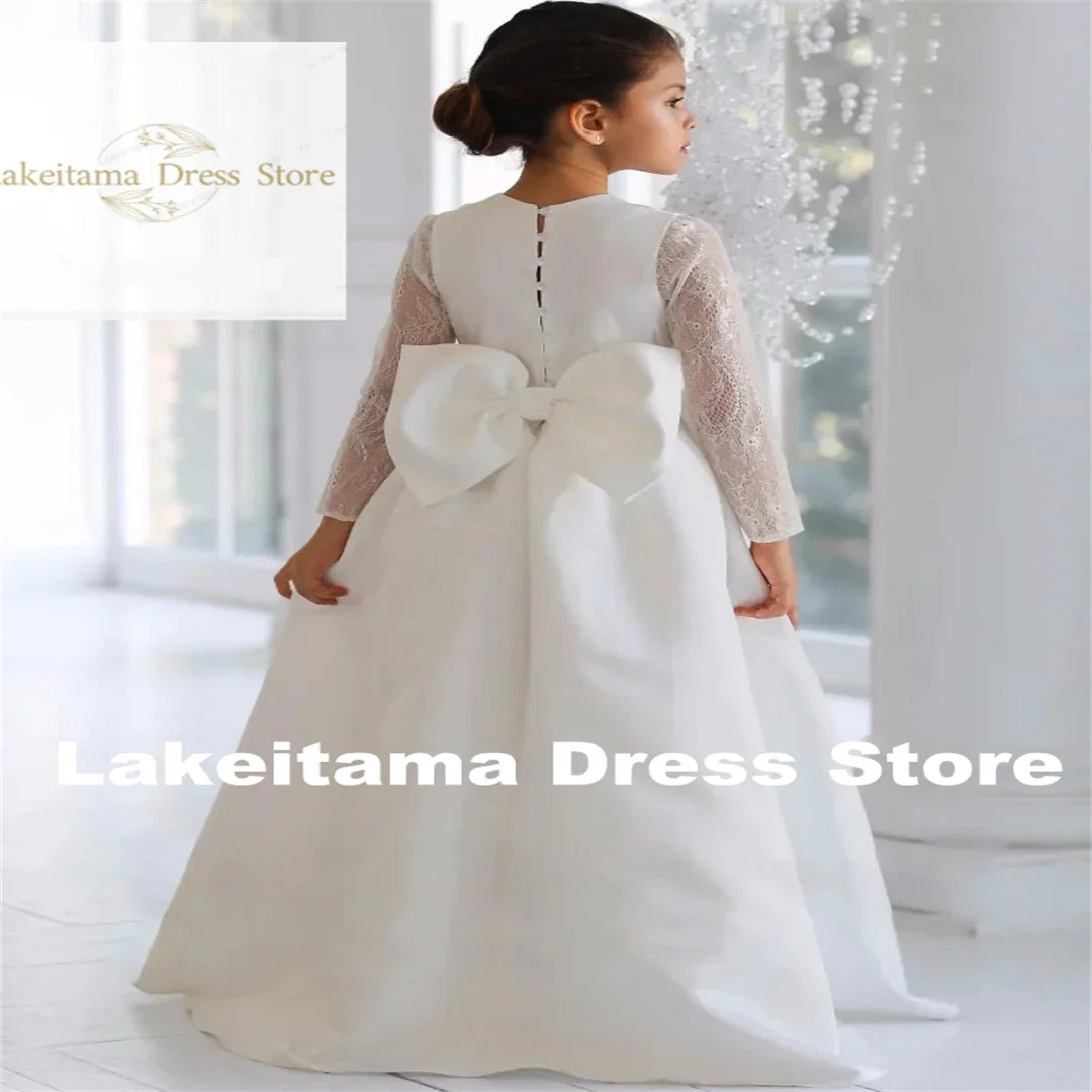 Customization Flower Girl Dresses White Satin Appliques With Bow Long Sleeve For Wedding Birthday Evening Banquet Gowns