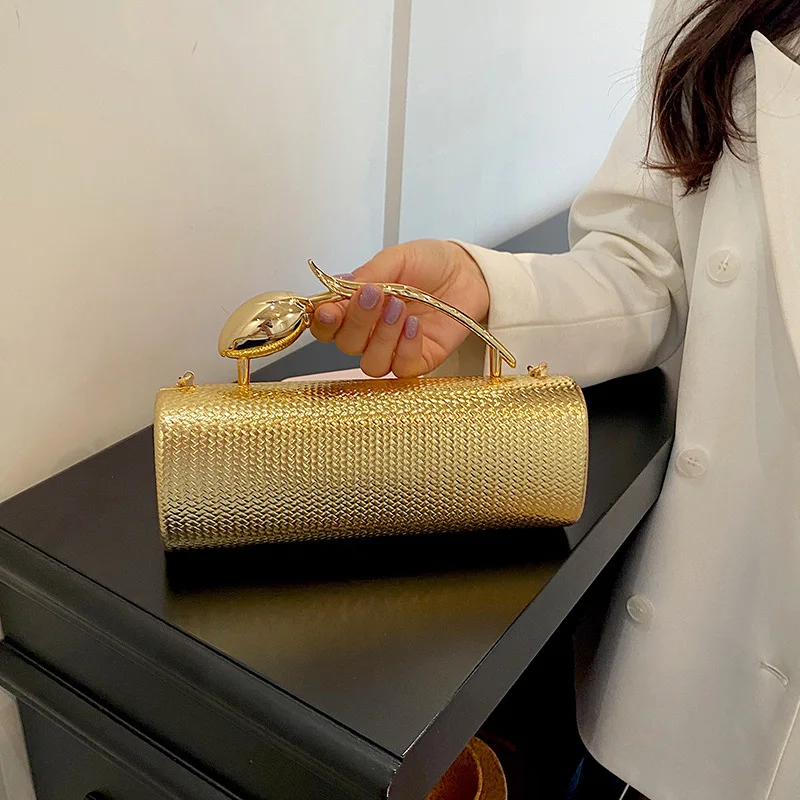 New classic gold womens eveningbag luxury party chain crossbody bag with rose shaped handle weddingclutch a great gift for women