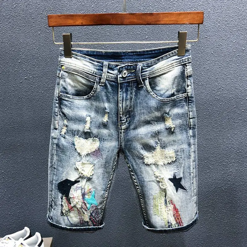 

2022 summer high quality washed retro fashion brand ripped embroidery slim denim shorts men's trendy men shorts jeans