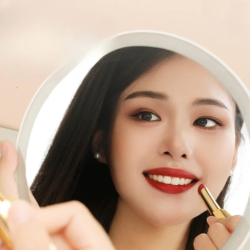 Portable desktop LED makeup mirror, infinite tone 3 color temperature, 90 degrees rotation, button button light-perfect travel