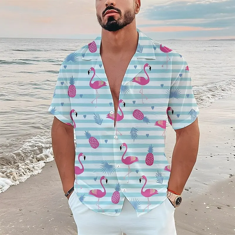 Men\'s Shirts Hawaiian Shirt Floral Flamingo Pattern Print Casual Short Sleeve Button Print Clothing Tropical Fashion Street