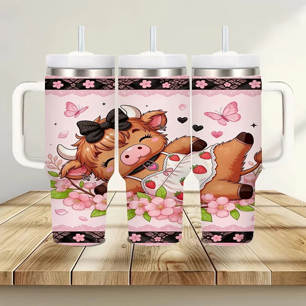 40oz Coquette Highland Cow Strawberry Cherry Blossom Butterfly Lace Tumbler With Handle And Straw Stainless Steel Insulated Travel Mug Full Wrap Print Large Capacity Coffee Cup Gift For Women