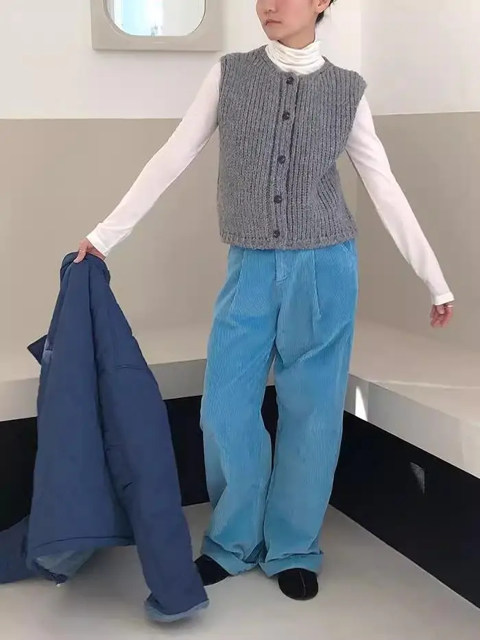 レトロなハイウエストワイドレッグコーデュロイパンツ、伸縮性のあるパーソナライズされたデザイン、韓国風スレ、冬のカジュアルパンツ、女性用