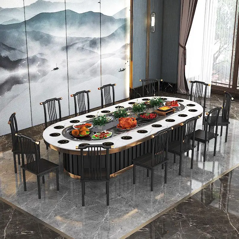 Hotel rock slab oval electric dining table 20 people rectangular automatic rotating conveyor belt induction cooker small hot pot