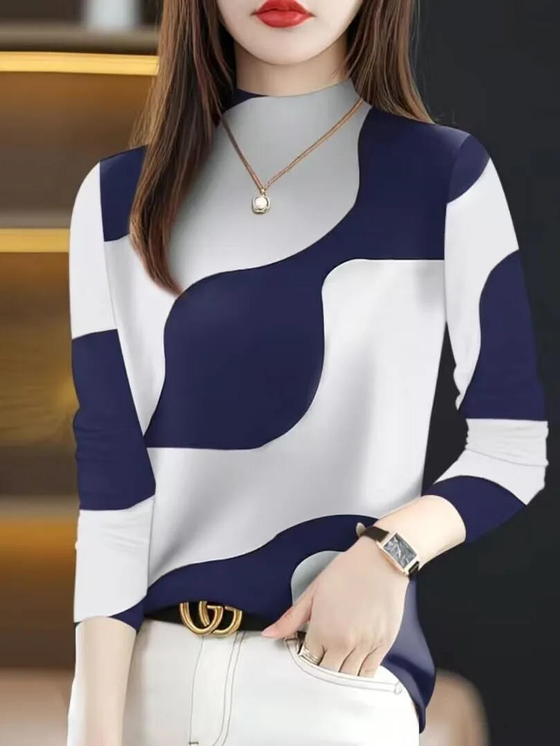 Fashionable Long Sleeve Printed T-Shirt Women's Casual Style High Neck Top Trendy Spring 2026 Garment from China for Ladies