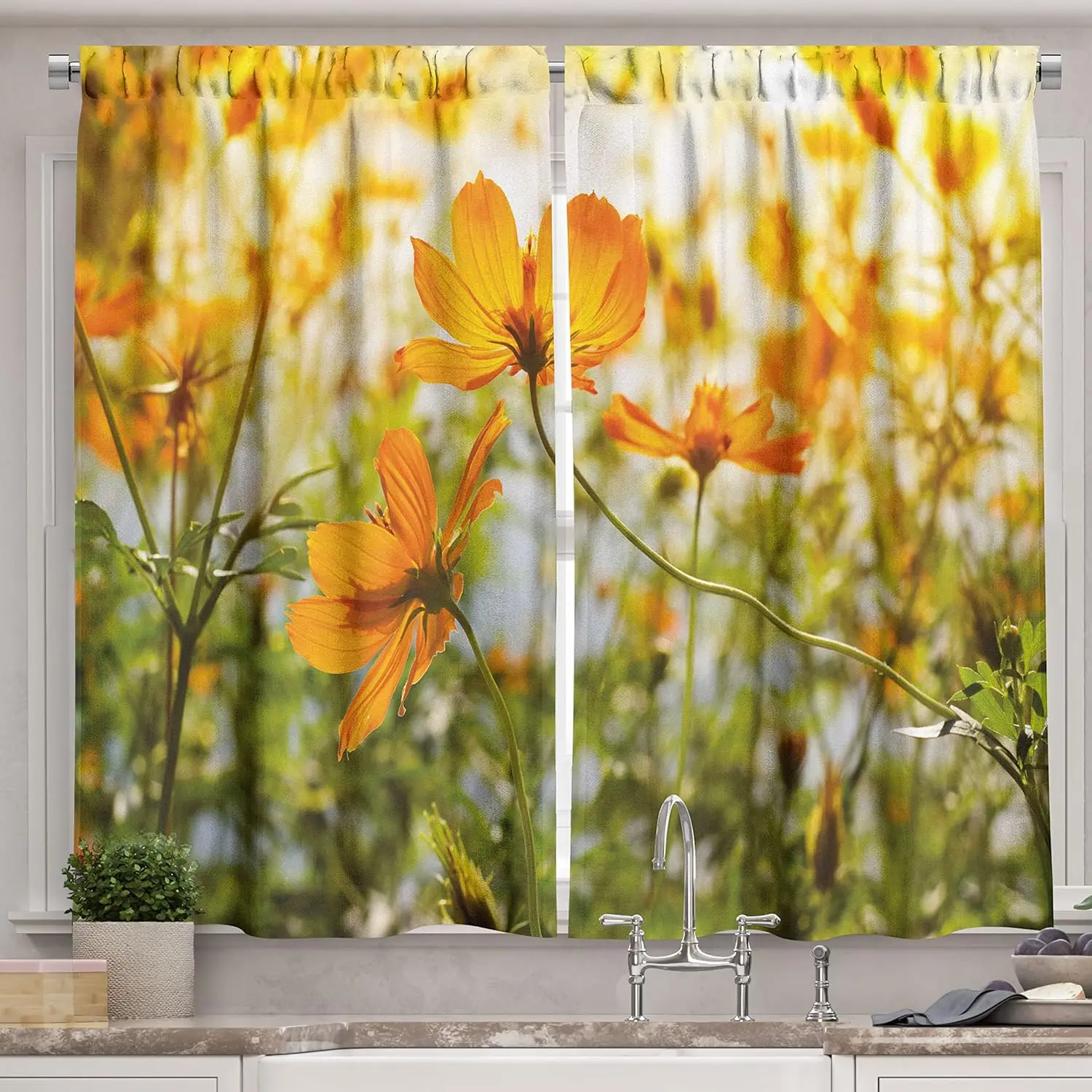 Kitchen Curtains, Flower Grass Foliage at Sunrise Summer in The Park Fresh Scenery, Window Drapes 2 Panel Set for Kitchen Cafe