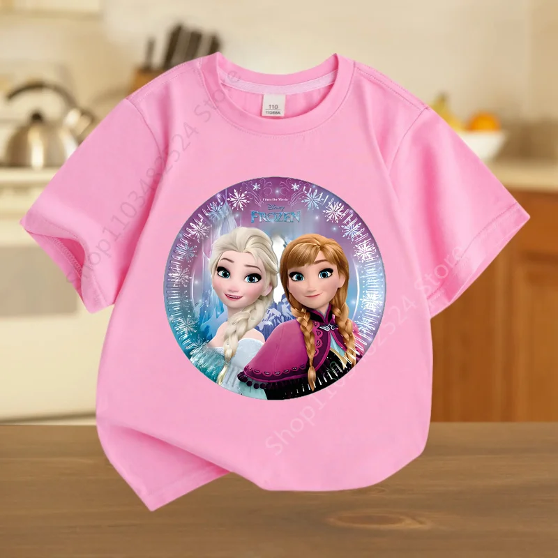 Kawaii Anna Elsa Frozen T Shirt Girl Tops Tees Kids Girls Clothes Disney T-shirts Children Short Sleeve Birthday Party Costume