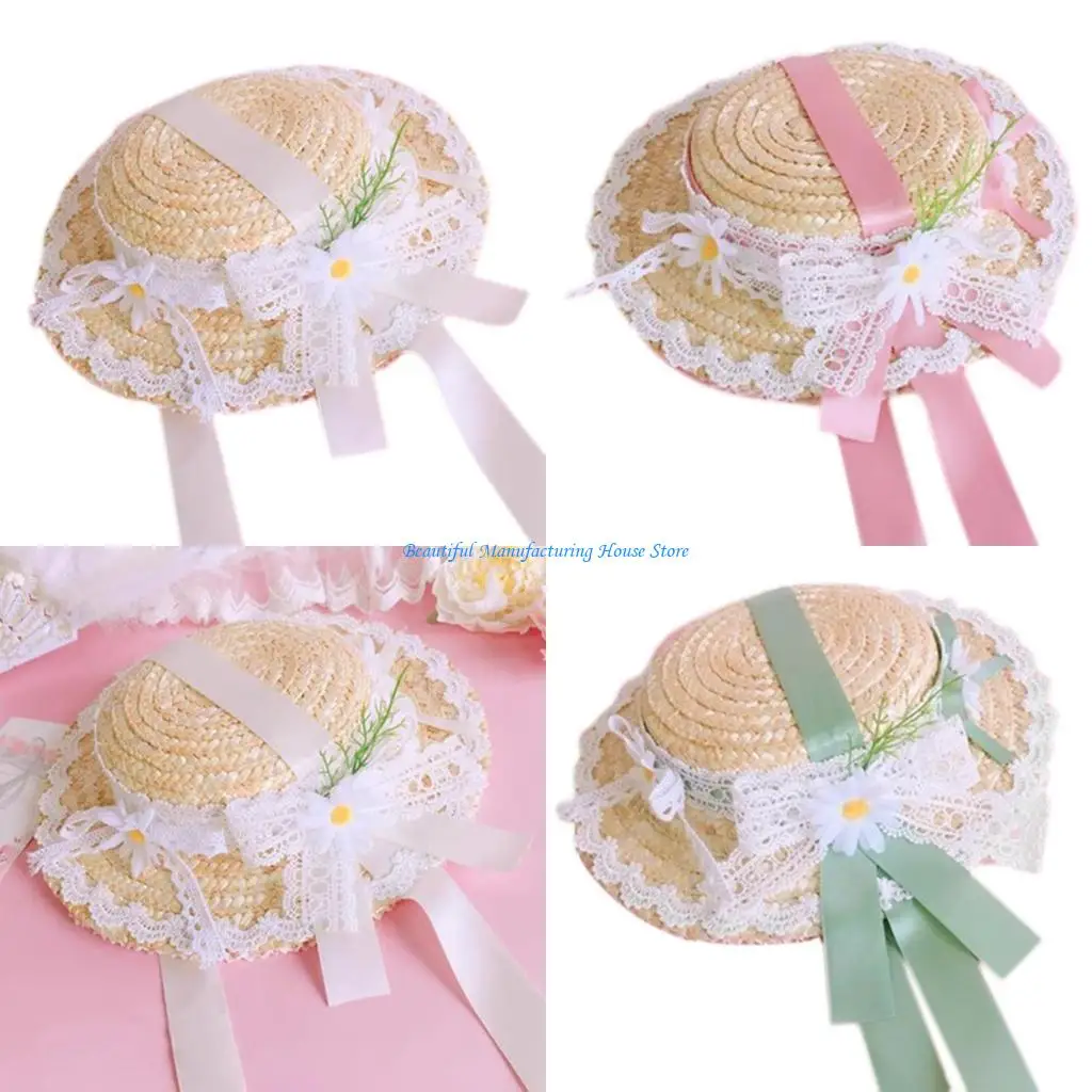 

E56A Tea Party Sun Hat Lace Flower Decorative Straw Hats Small Hat Costume Accessory for Adult Kids Women Girls