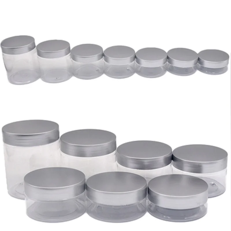 

Empty Plastic Clear Bottle Jar Silver Cover With White Pad 50G 80G 100G 120G 150G 200G 250G Portable Cosmetic Container 20Pieces