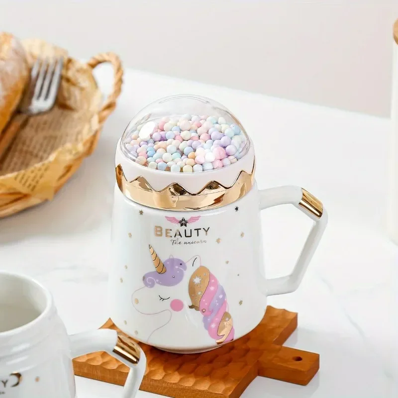 Unicorn mug creative ceramic coffee cup tea cup milk breakfast cup with lid