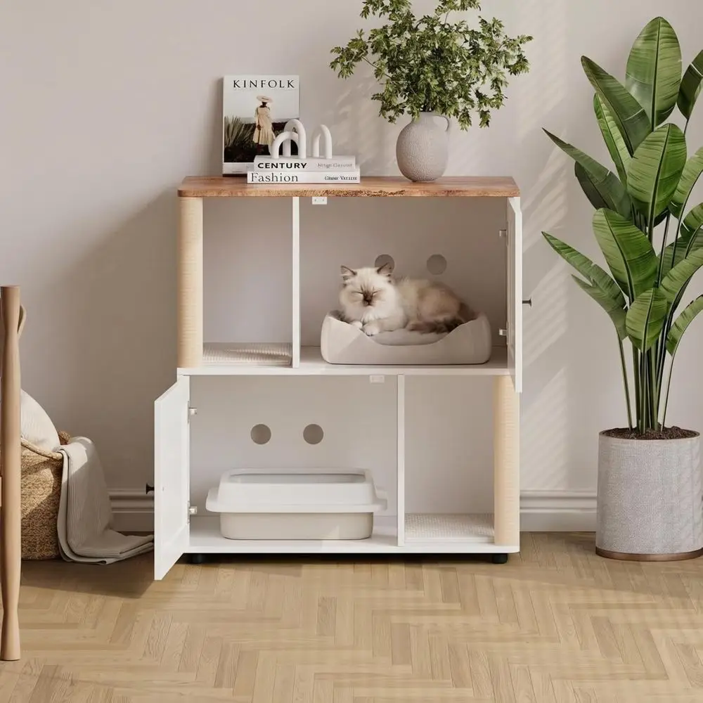 Litter Box Cabinet, Hidden Cat Litter Box urniture with Dual Comparents, Odor Control & Scratch-Resistant Panels, Compact Enclos