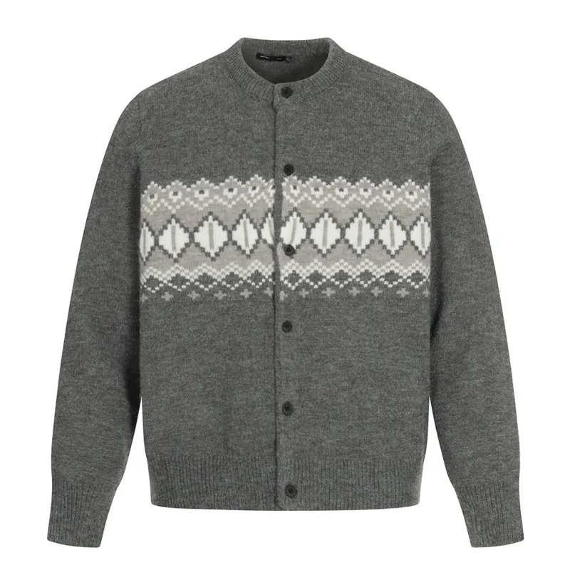 Men Fashion Street Trendy Round Neck Single breasted Cardigan Jacquard Color blocked Ethnic Style Long sleeved Knitted Sweater
