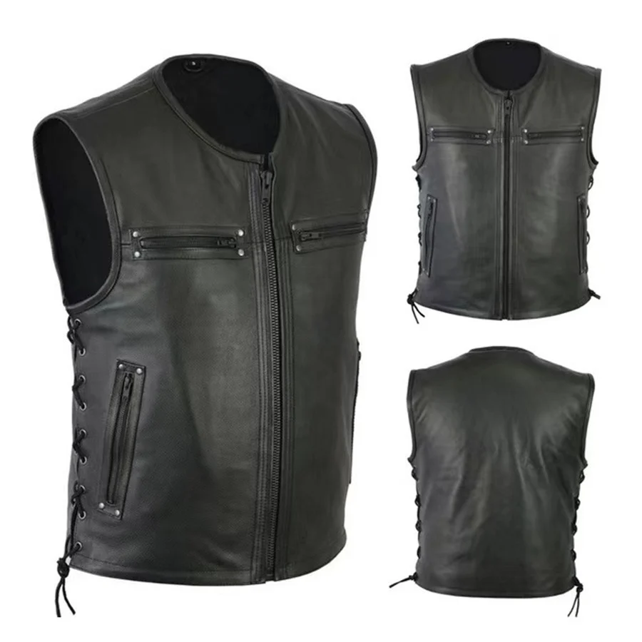 

2025 мужской красивый мотоциклетный кожаный жилет, модный однотонный жилет из искусственной кожи без рукавов с круглым вырезом, топы в стиле панк на молнии, мужская уличная одежда