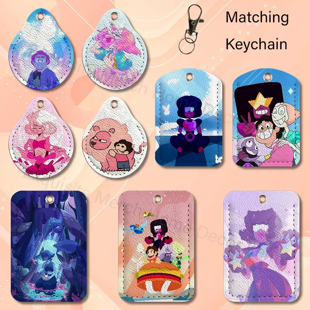 Cartoon S-Steven U-Universe PU Leather Card Holder Keychain Key Ring Door Lock Access Card Air Tag Case Keychain Card