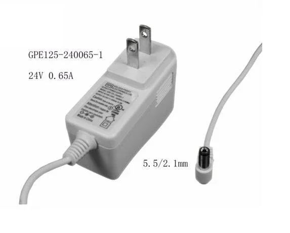 

Power Adapter GPE125-240065-1, 24V 0.65A, Barrel 5.5/2.1mm, US 2-Pin Plug