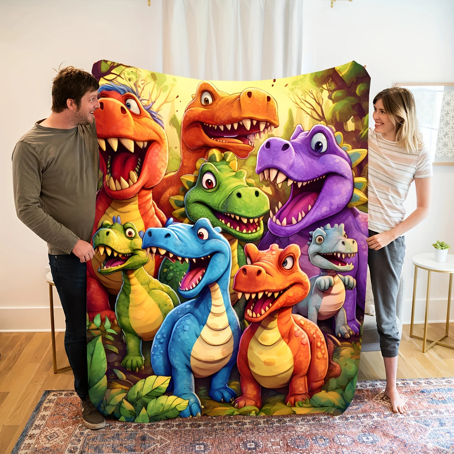 1pc Kids Cartoon Dinosaur Flannel Blanket, 2D Funny Dino Print Throw, All Season Cozy Fleece Blanket for Bedroom, Living Room, C