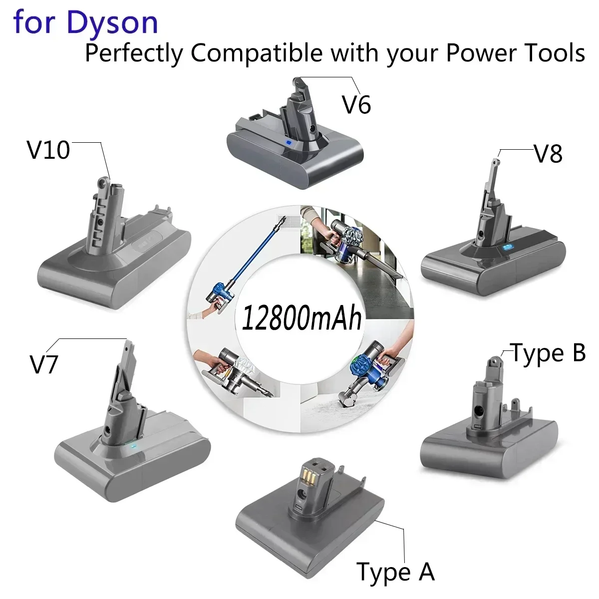 For Dyson V6 V7 V8 V10 Type A/B 12800mAh Replacement Battery for Dyson Absolute Cord-Free Vacuum Handheld Vacuum Cleaner