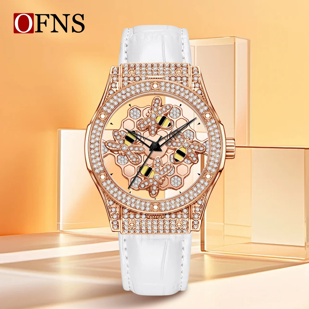 

OFNS 1605 Elegant Women's Quartz Watch Luxury Diamond Rotating Dial Creative Casual Waterproof Leather Strap Women's Watch