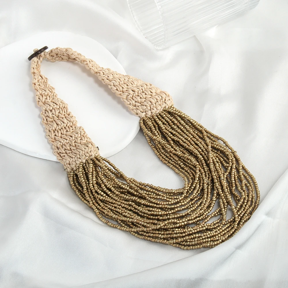 Western fashion retro Bohemian ethnic style exaggerated women\'s necklaces multiple layers hand woven rice bead wax rope necklace