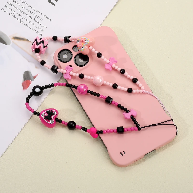 Sweet Cute Heart Butterfly Mobile Phone Chain Acrylic Rice Bead Telephone Lanyard For Women Girl Fashion Cellphone Chain Jewelry