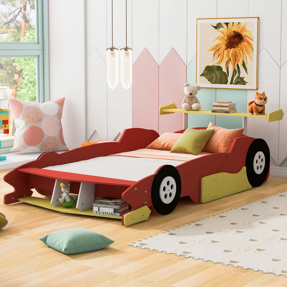 Full Size Race Car-Shaped Platform Bed with Wheels,Red(OLD SKU: LP002420AAJ)