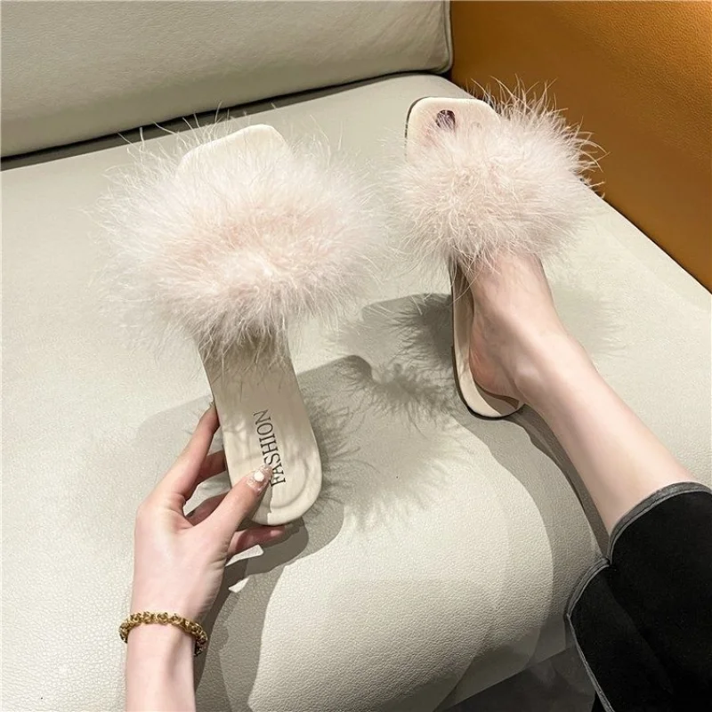 Summer 2024 Fluffy Slides Vintage Feather Women\'s Slippers and Ladies Sandals Flat Shoes Pink Fuzzy Furry Trend New Style I F B