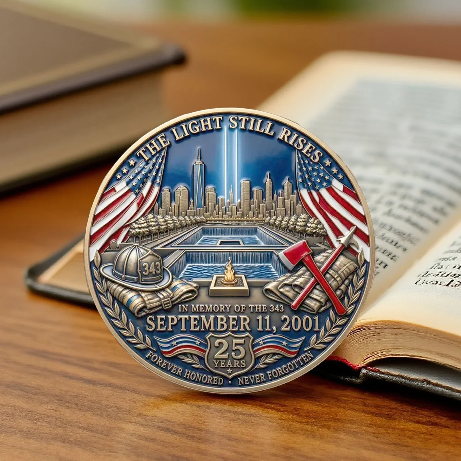 9/11 25. Jahrestag 343 Gefallene Feuerwehrleute Bronzebeschichtete Gedenkmünze Nie Vergessen WTC Tribut-Souvenir-Münze Heimdekoration – Detail 8