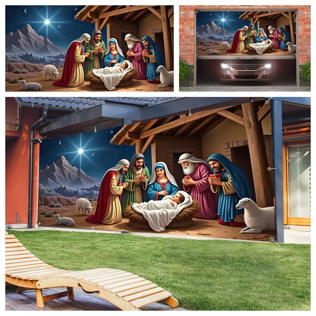 Christian Birth of Jesus Garage Door Background Holy Night Angel Nativity Garage Wall Frame With Hooks For Home Courtyard Decor