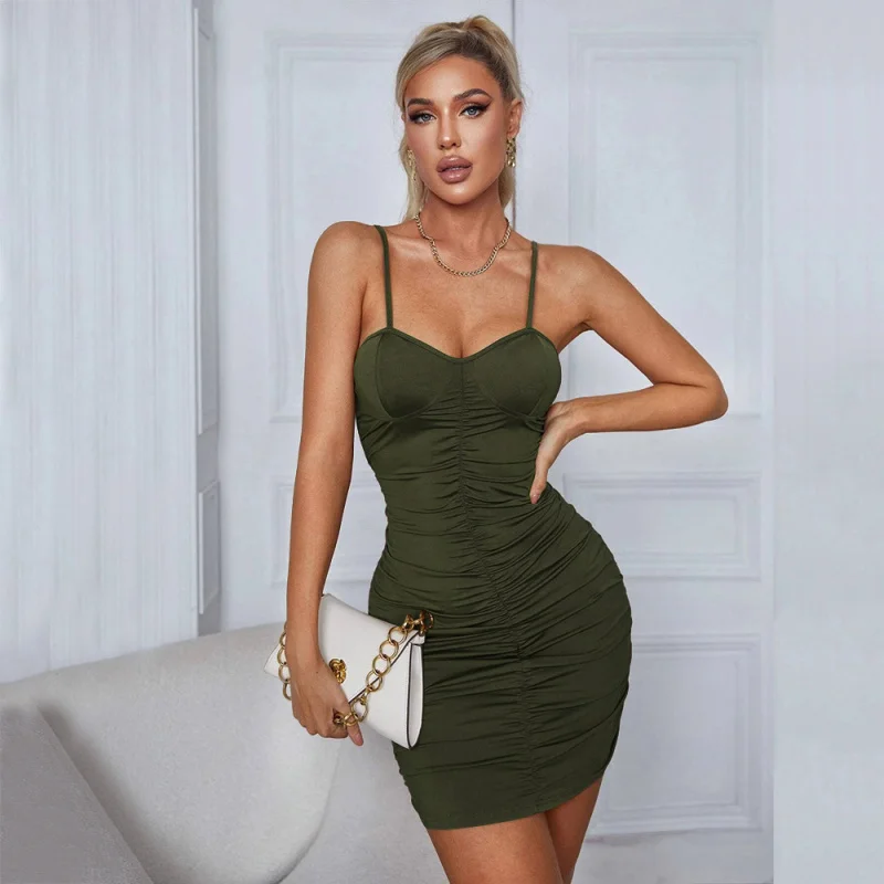 2024-Border New Arrival European and American Women's Clothing Knitted Green Sling Dress Skirt