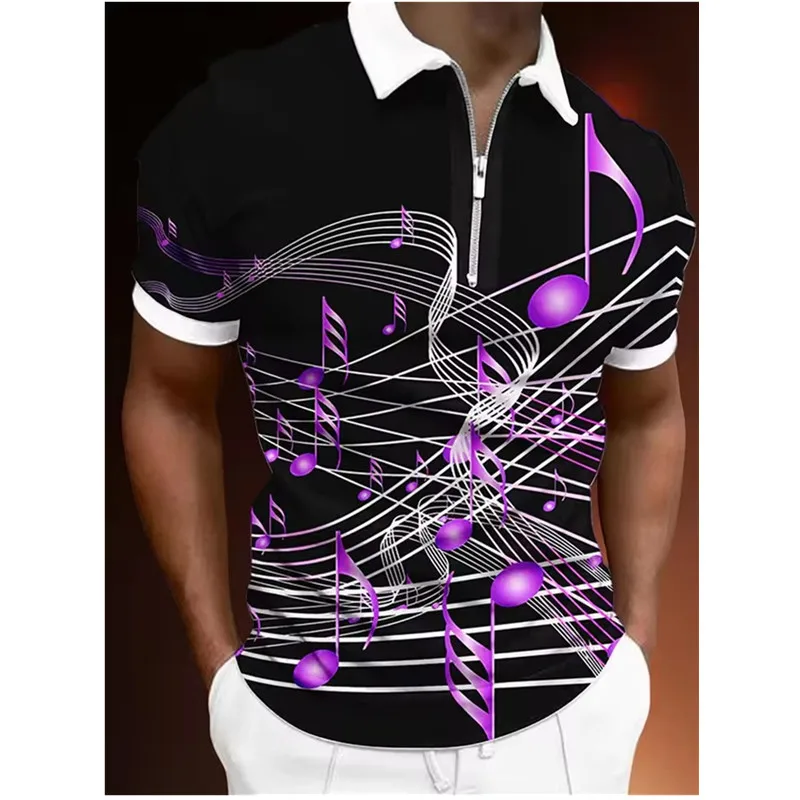 

Мужская рубашка поло с 3D забавными музыкальными нотами и принтом Повседневная рубашка поло Мужская спортивная рубашка поло с короткими рукавами на молнии большого размера Свободный пуловер Топы