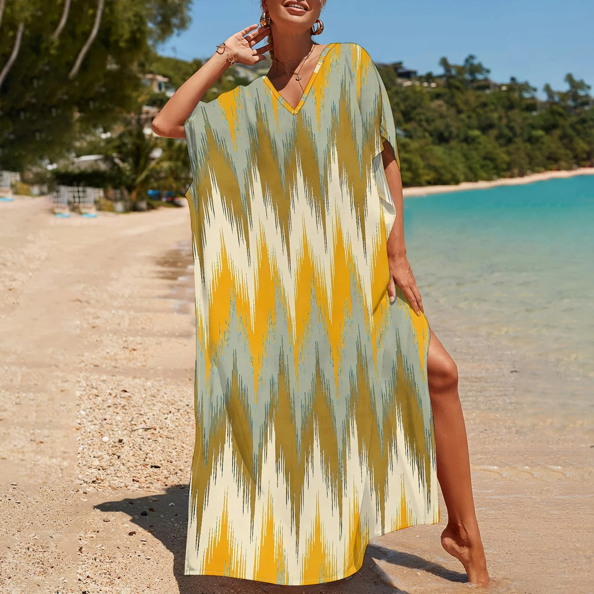 

Nupusa Ikat Pattern Print Kaftan Dress for Women Summer Casual V - Neck Batwing Sleeve Maxi Dress