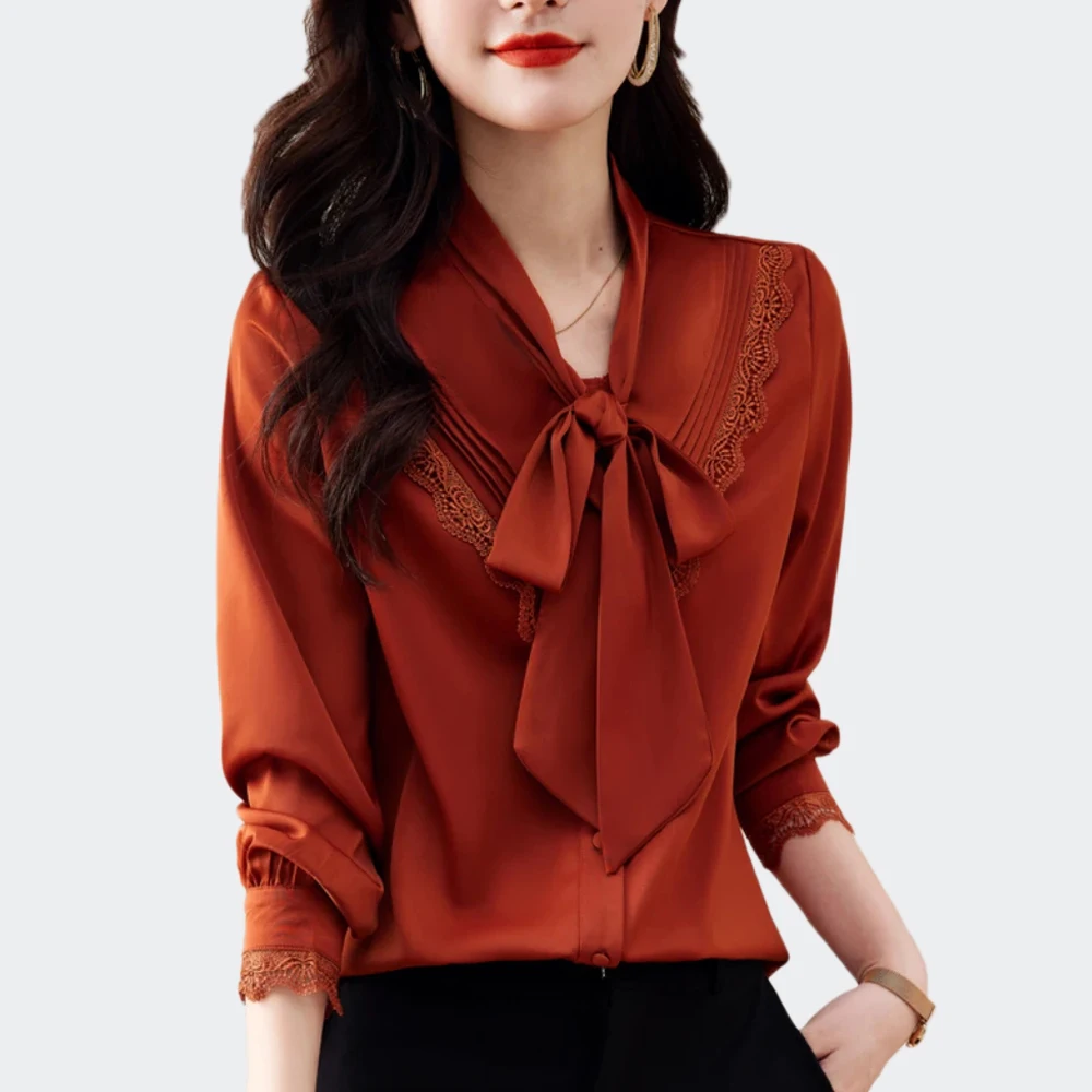 

Elegant Lace Stitching Bow-Tie Shirts Women Office Lady Long Sleeve Blouses Female Casual Clothing Vintage Fashion Tops Femme