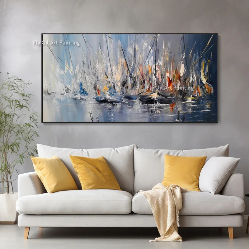 

Abstract Boats Sailing Team At Sea Oil Paintings Handmade Ocean View Boats Art Modern Canvas Painting For Room Decor As Gift