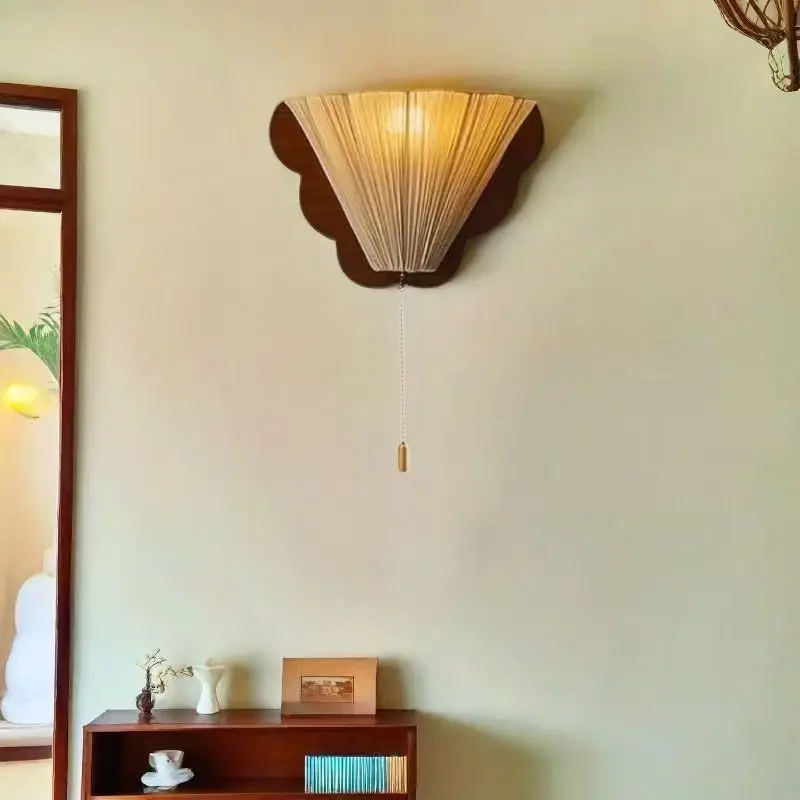 French Retro Bedroom Bedside Wall Lamps Solid Wood Fabric Corridor Aisle Lamp Medieval Style Living Room Butterfly Wall Lights