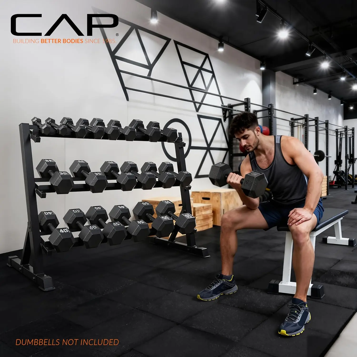 ชั้นวางดัมเบลแบบหนักพร้อมชั้นวางแบบเอียง รับน้ำหนักได้ 1000 ปอนด์ มีหลายขนาดให้เลือกสำหรับจัดเก็บในโรงยิมที่บ้าน