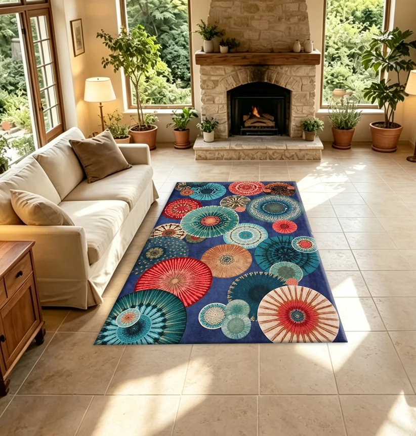 Boho Colorful Circular Tie-Dye Carpet Flooring Abstract Circle Art Large Home Floor Rug