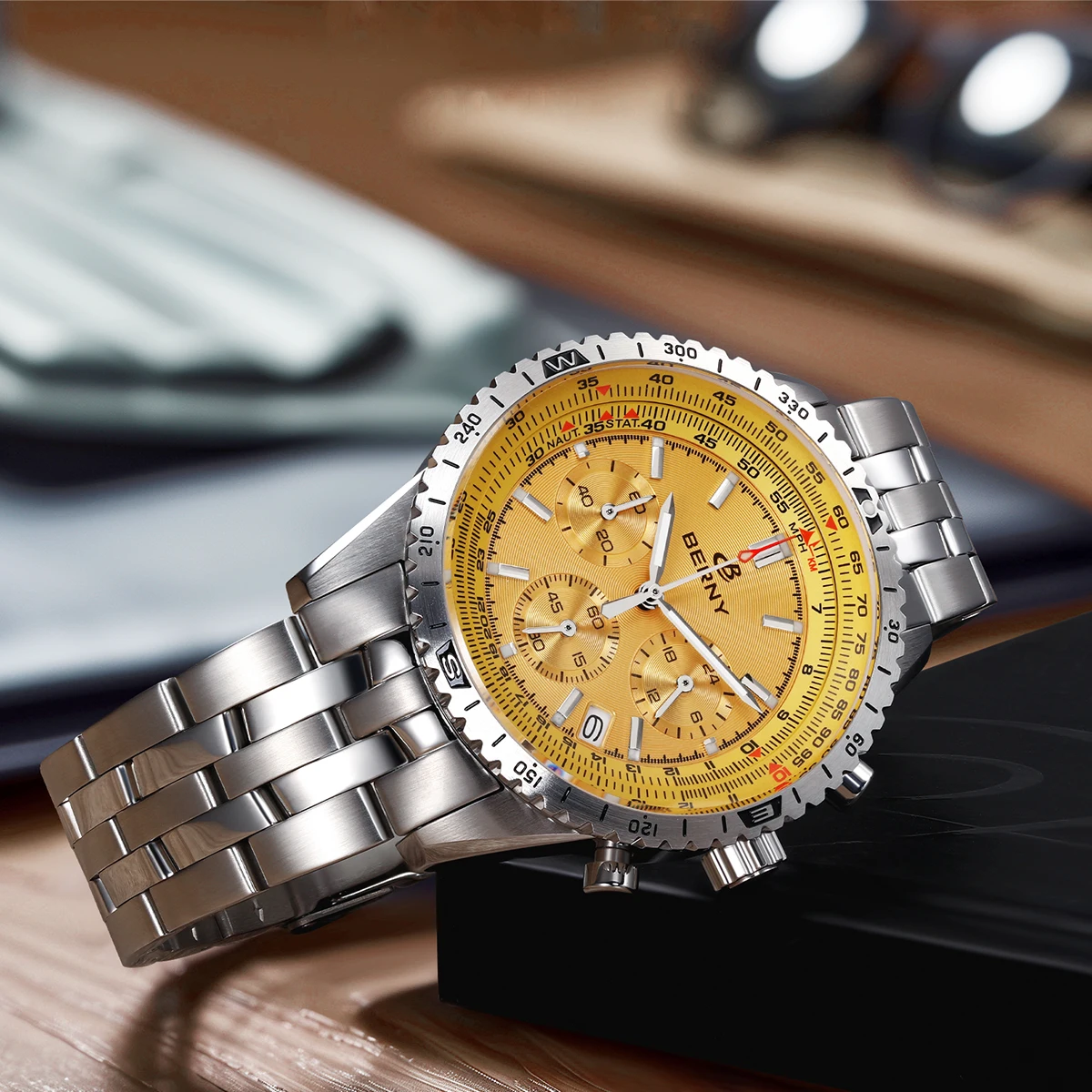 BERNY Aviation Herrenuhren Quarz Chronograph Uhr Datum Saphir Super Leuchtend Luxusmarke Dress Herren Armbanduhr – Detail 11