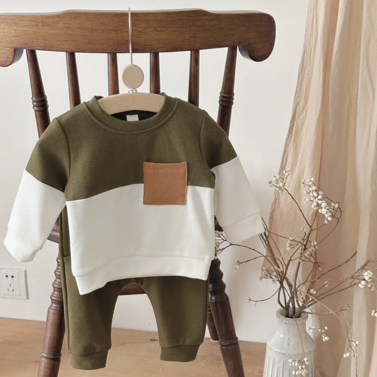 Newborn Waffle Knit Clothes Set Baby Boys Color Block Long Sleeve Top & Jogger Pants 2Pcs Outfit 5