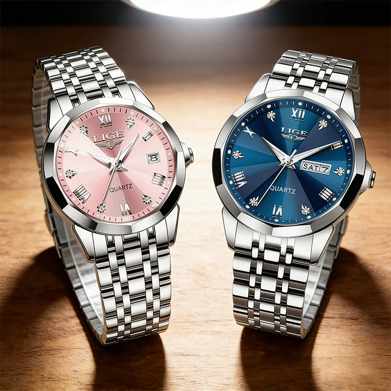 LIGE Fashion Couple Watches Waterproof Valentine Day Lover Gift Stainless Steel Watch Men Women Quartz Watch 2pcs Montre Homme
