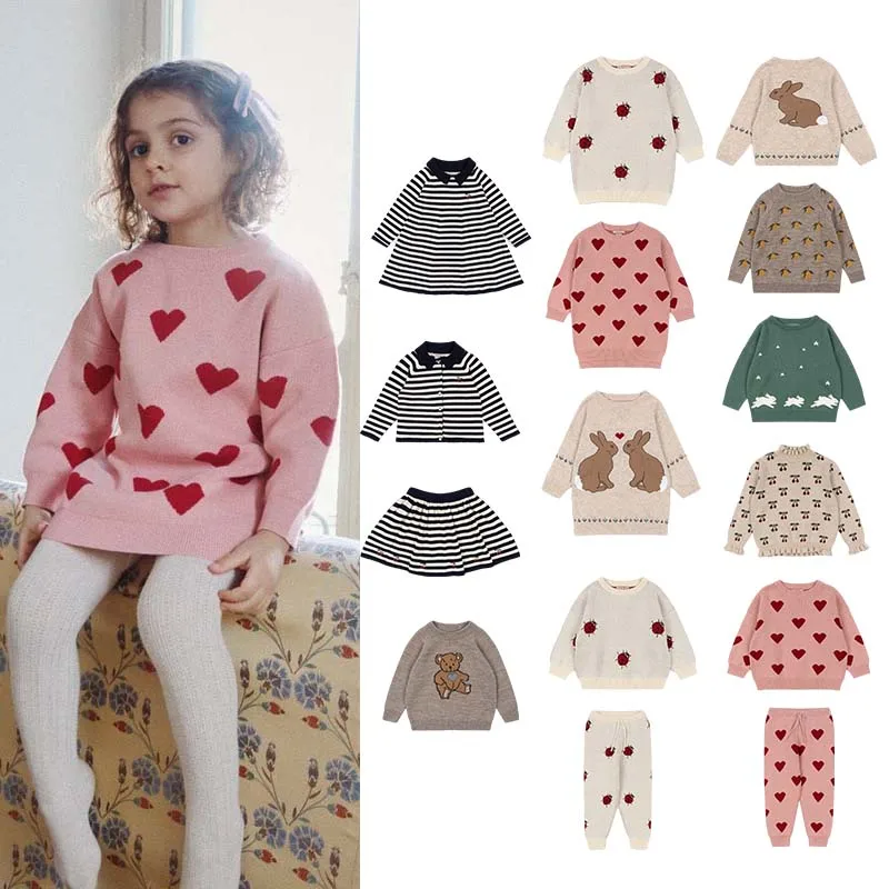 Children\'s sweater 2024 autumn and winter KS series girls\' all-over printed striped knitted pullover cute baby clothes