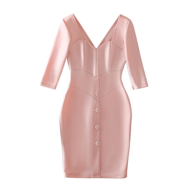 

Retro Pink Hip Wrapped Ladies Waist Closed Slim Knitted Office Half Sleeve Dress V Neck Sexy Elegant Vestido Vintage Women