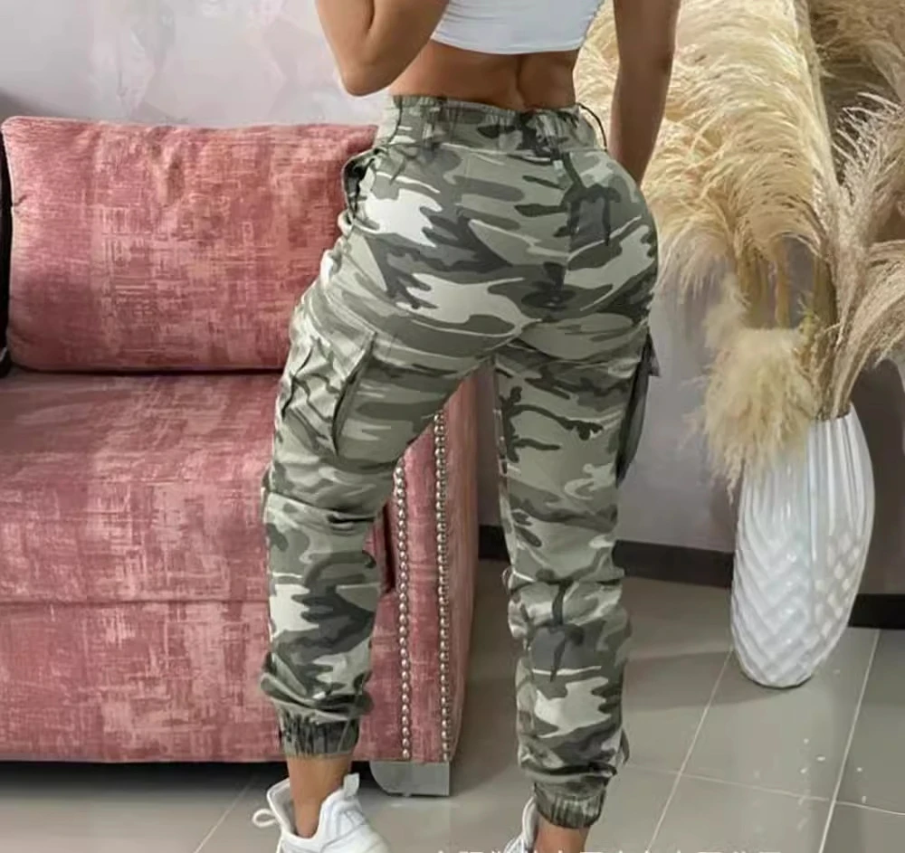 Cargo Pants for Women Camouflage Print Drawstring Pocket Design Pant 2024 Spring Casual High Waist Daily Cuffed Long Trousers