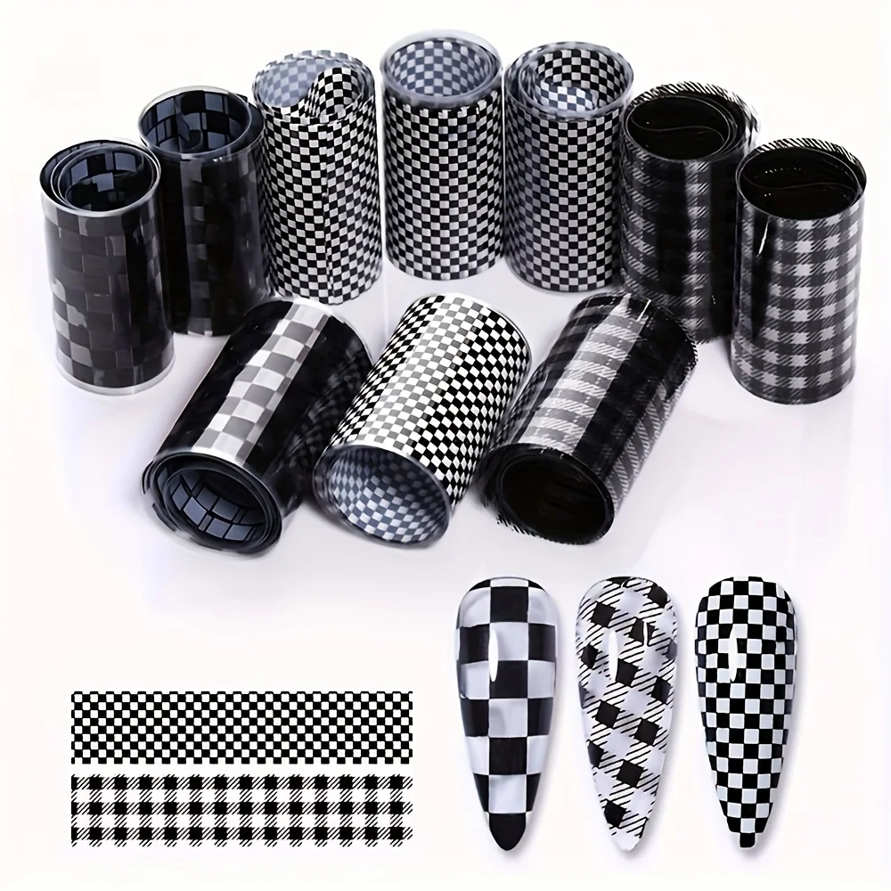 10pcs Black & White Checkered Nail Stickers – Self-Adhesive PET Decals, Irregular Shapes Matte Finish, Salon-Quality Disposable
