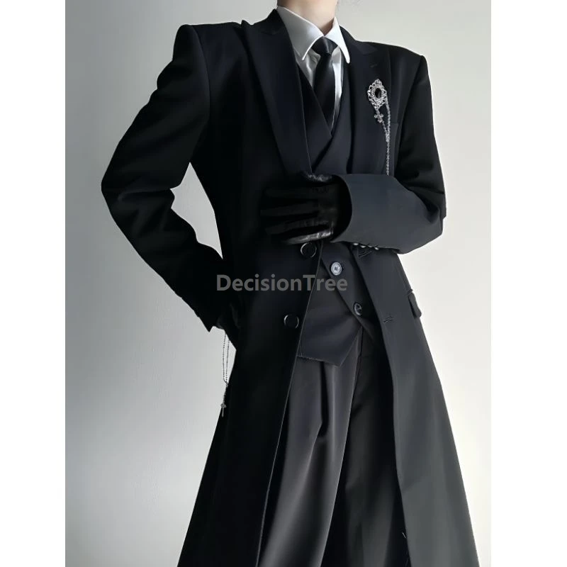 Youth Long Tailored Coat Jacket 5-Piece Set Black Suit Jacket Unisex DK Uniform Set Casual Men Suit College Student Chic DK Set