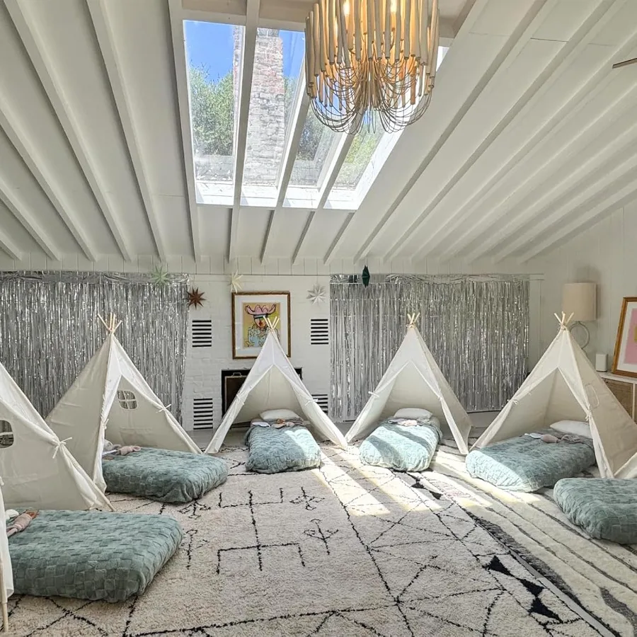 6-pack tipi tent voor kinderen slaapfeest - slaaptenten met opblaasbare luchtbedden, natuurlijk canvas speeltent binnen, wasbaar F