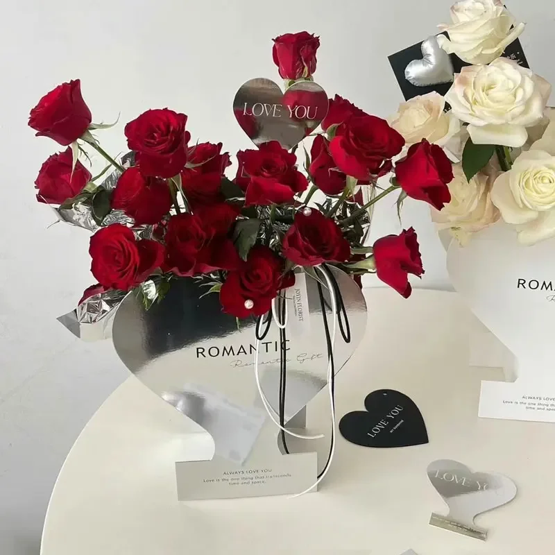 

5PCS Valentine's Day Flower Box Heart-shaped Mirror Portable Rose Packaging Flower Shop Floral Bouquet Gift Boxes For Wedding