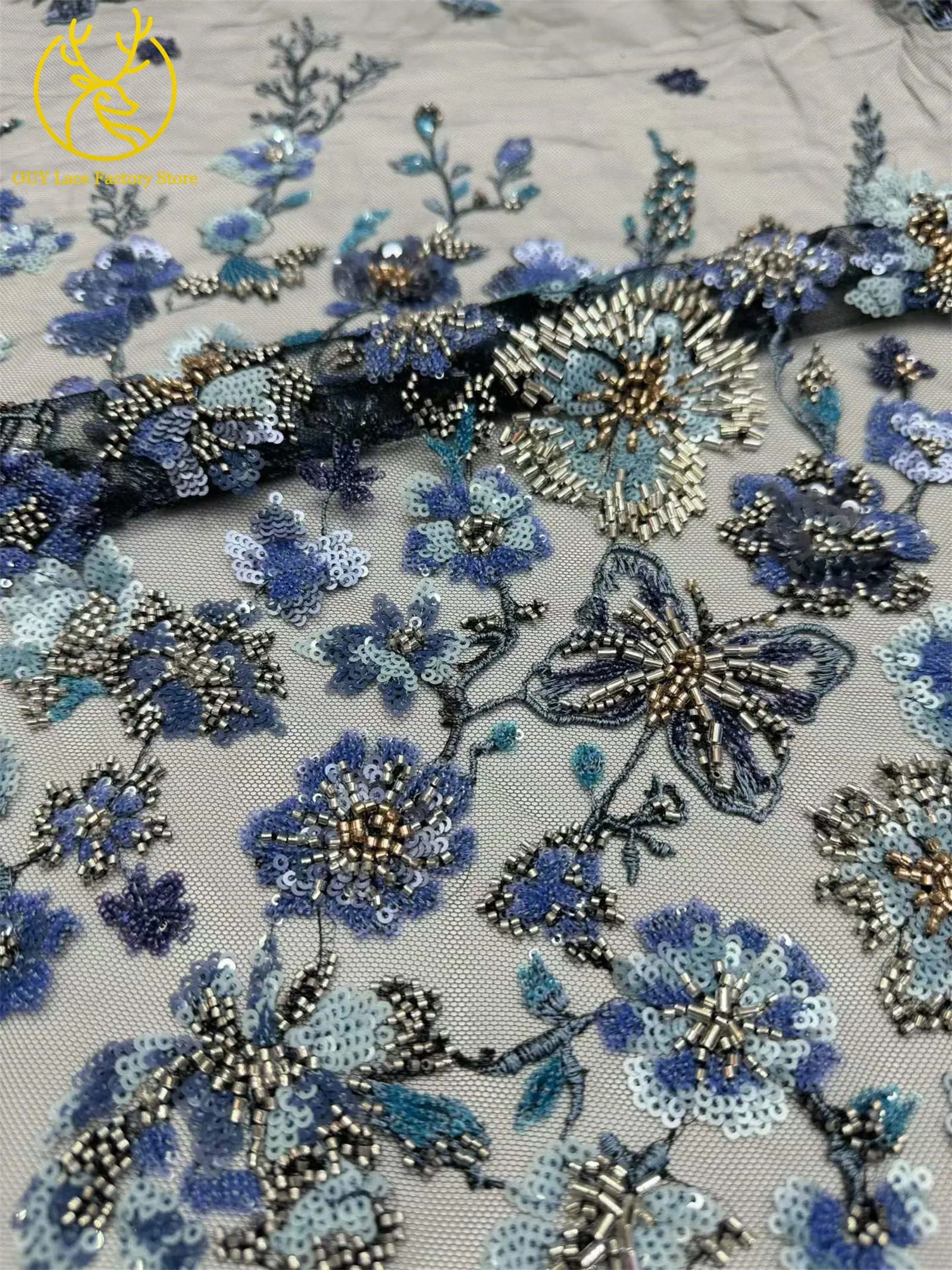5 Yards afrikanischer handgefertigter bestickter Spitzenstoff, hochwertige französische Pailletten-Tüllspitze, nigerianisch, für Brautkleider – Detail 7