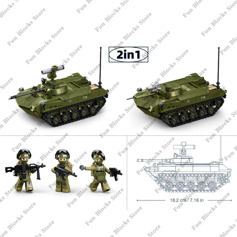 Military BMD-2S Fighting Tank Building Blocks Set Soldier  Figures Bricks Classic Model Battle Vehicle Kids Boy Sluban Toys Gift