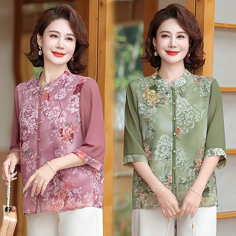 Vintage Cheongsam Collar Womens Half Sleeve Casual Printed Chiffon Blouse Summer Single-breasted Thin Loose Shirt Female